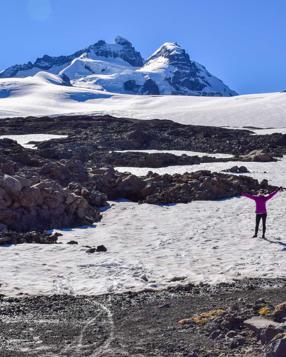 Bailey hikes through the snow on Cerro Tronador near Bariloche, Argentina