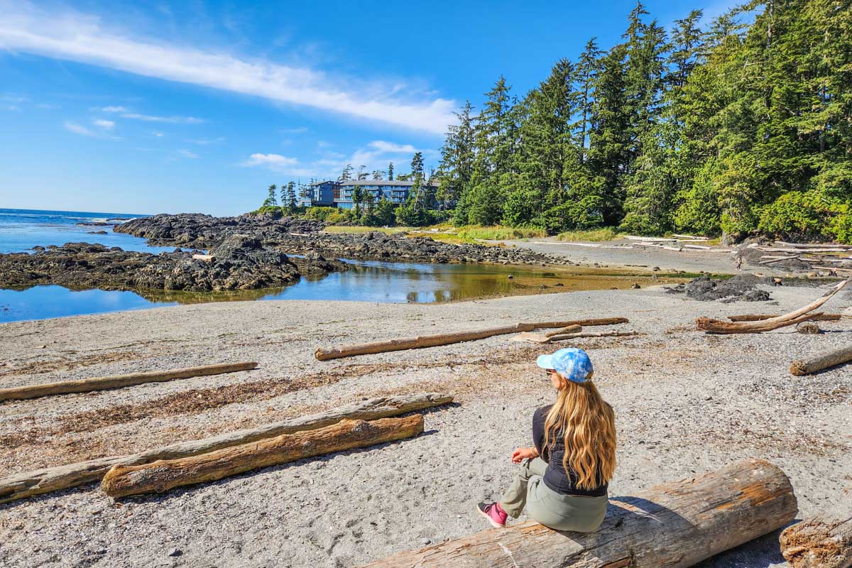 Bailey relaxes at Big Beach in Ucluelet, BC