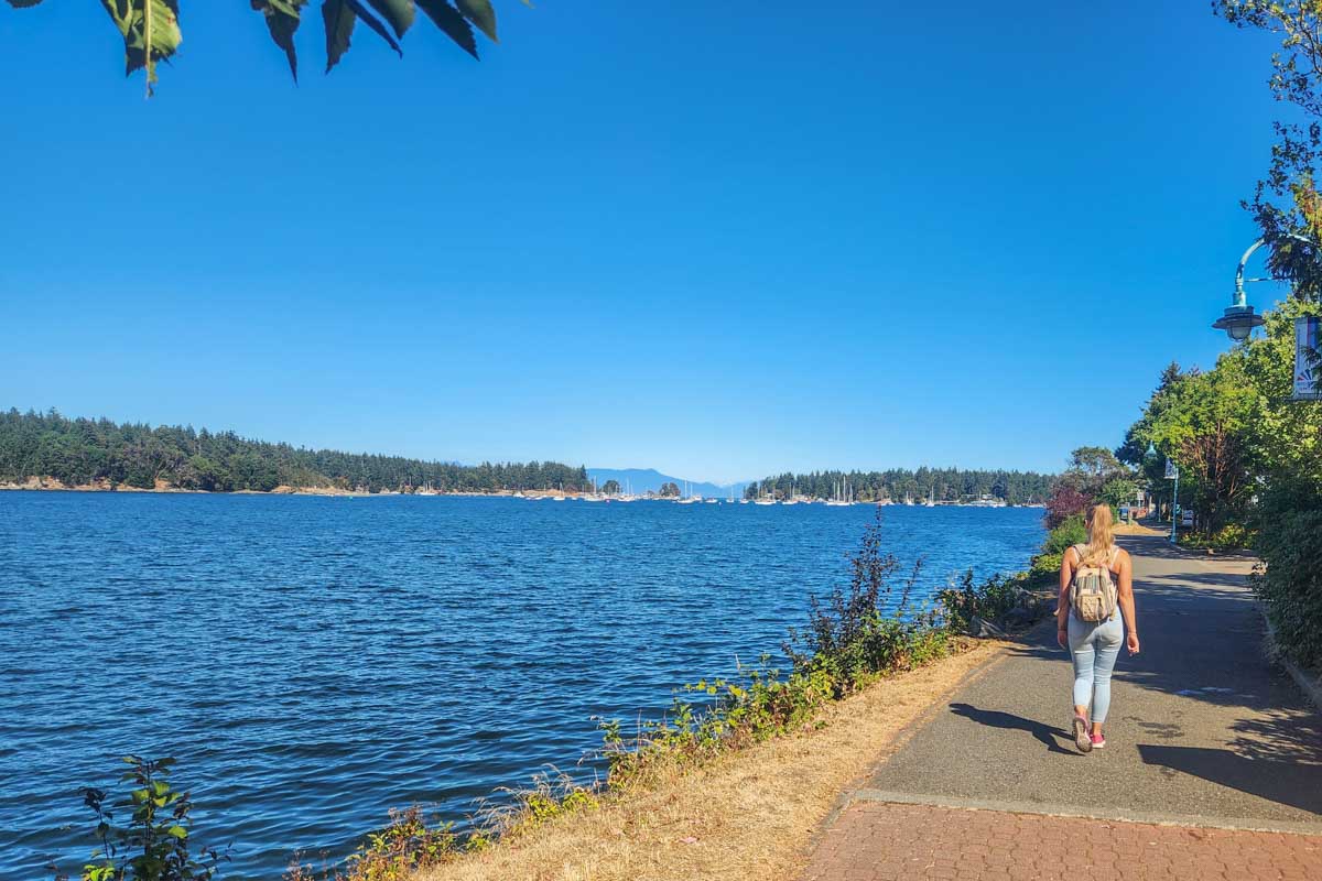 Bailey walks along the Harbor front Walkway in Nanaimo, BC