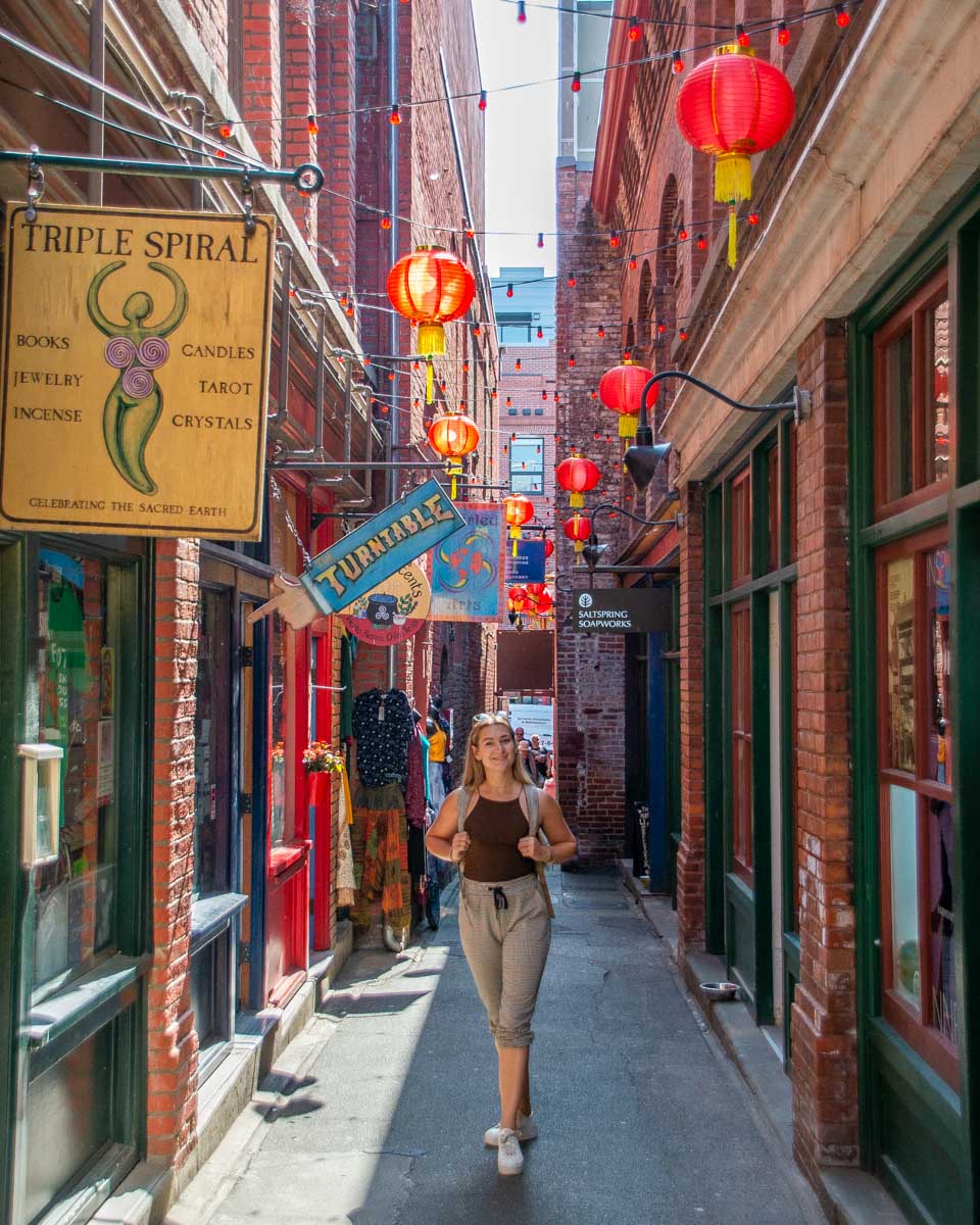 Bailey walks down Fantan Alley in China Town in Victoria BC