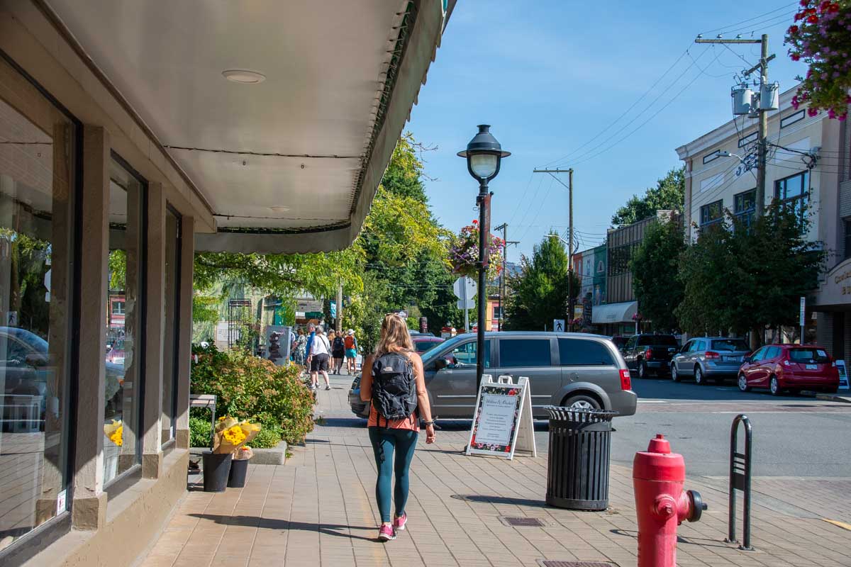 Bailey walks in downtown Duncan on Vancouver Island, Canada