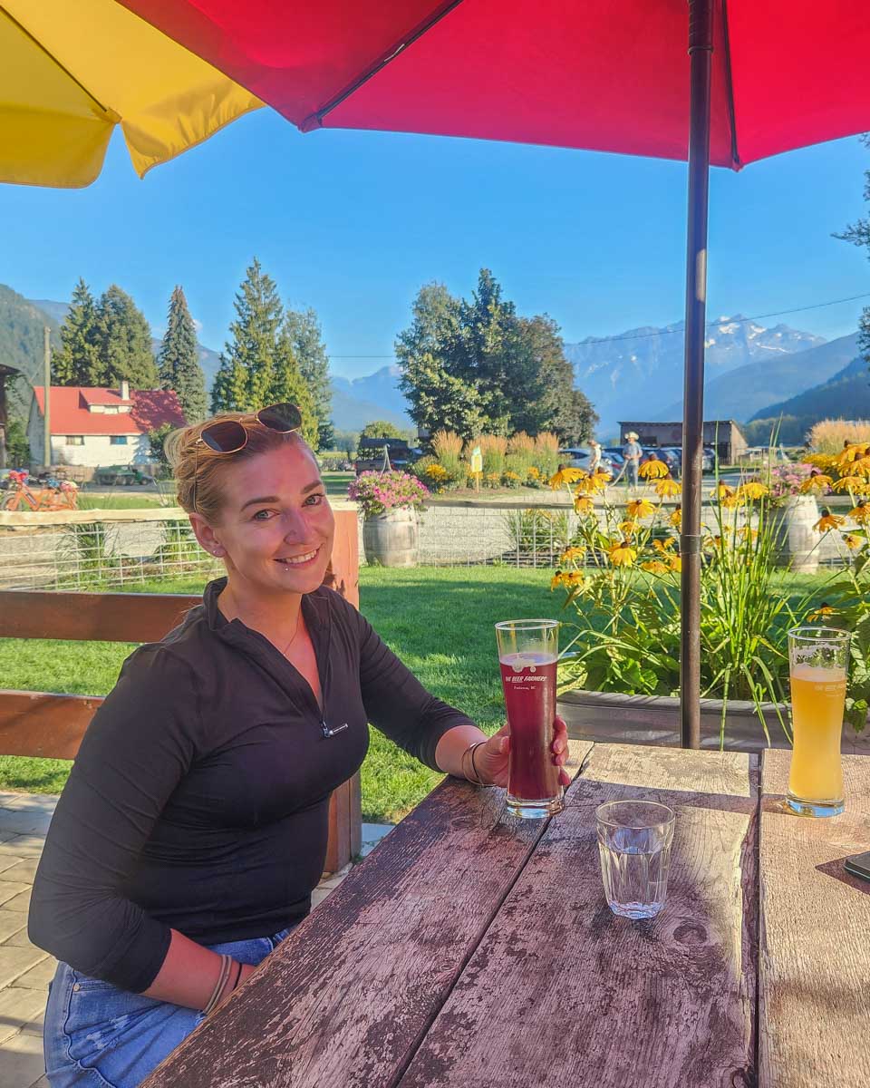 Bailey with a beer on the patio at Beer Famers in Pemberton, BC