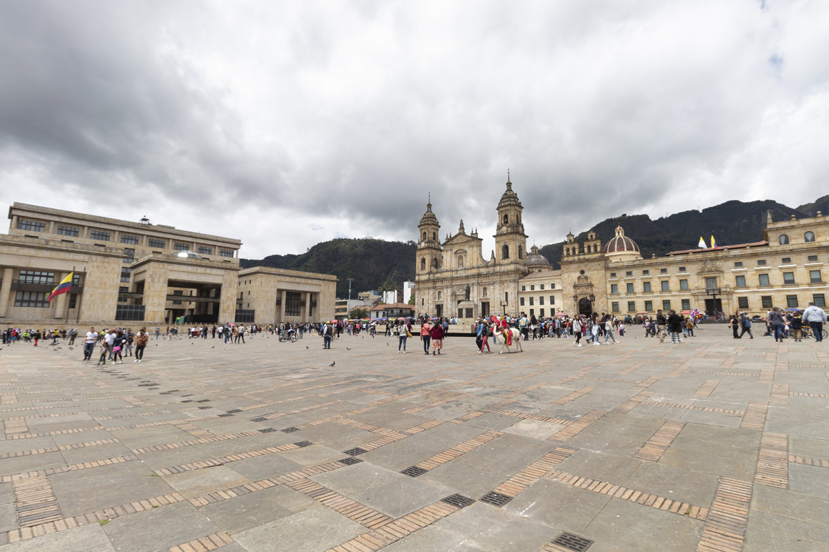 Justice palace building and Primatial cathedral at Bolivar square in Bogota, Colombia