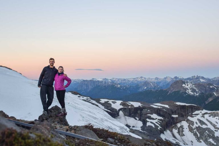 Daniel and Bailey pose for a photo at the Cerro Tronador hut near Bariloche, Argentina