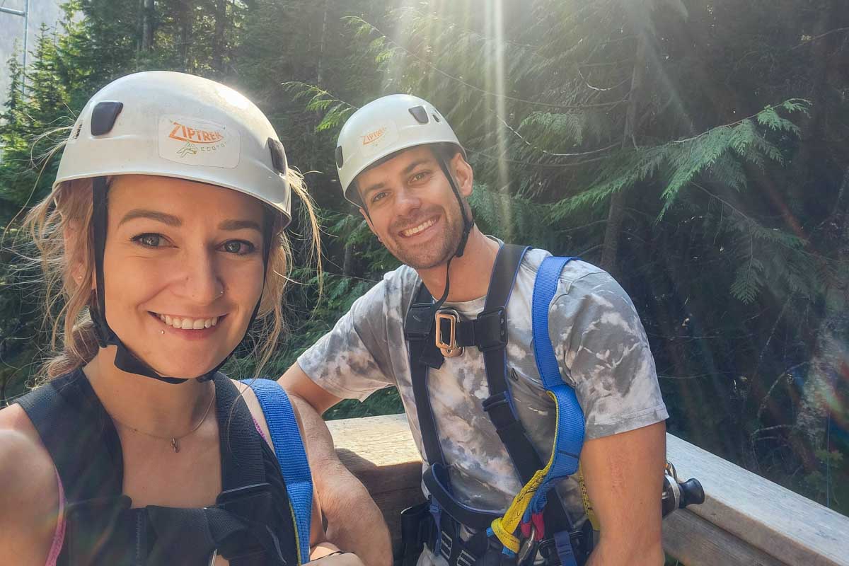 Daniel and Bailey take a selfie in Whistler after riding the Sasquatch zip line