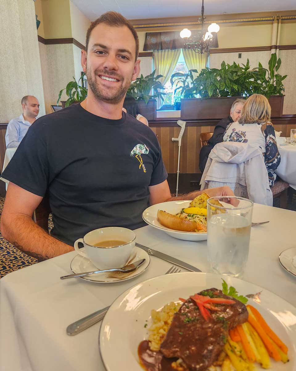 Daniel at the Parliamentary Dining Room with his meal in Victoria BC