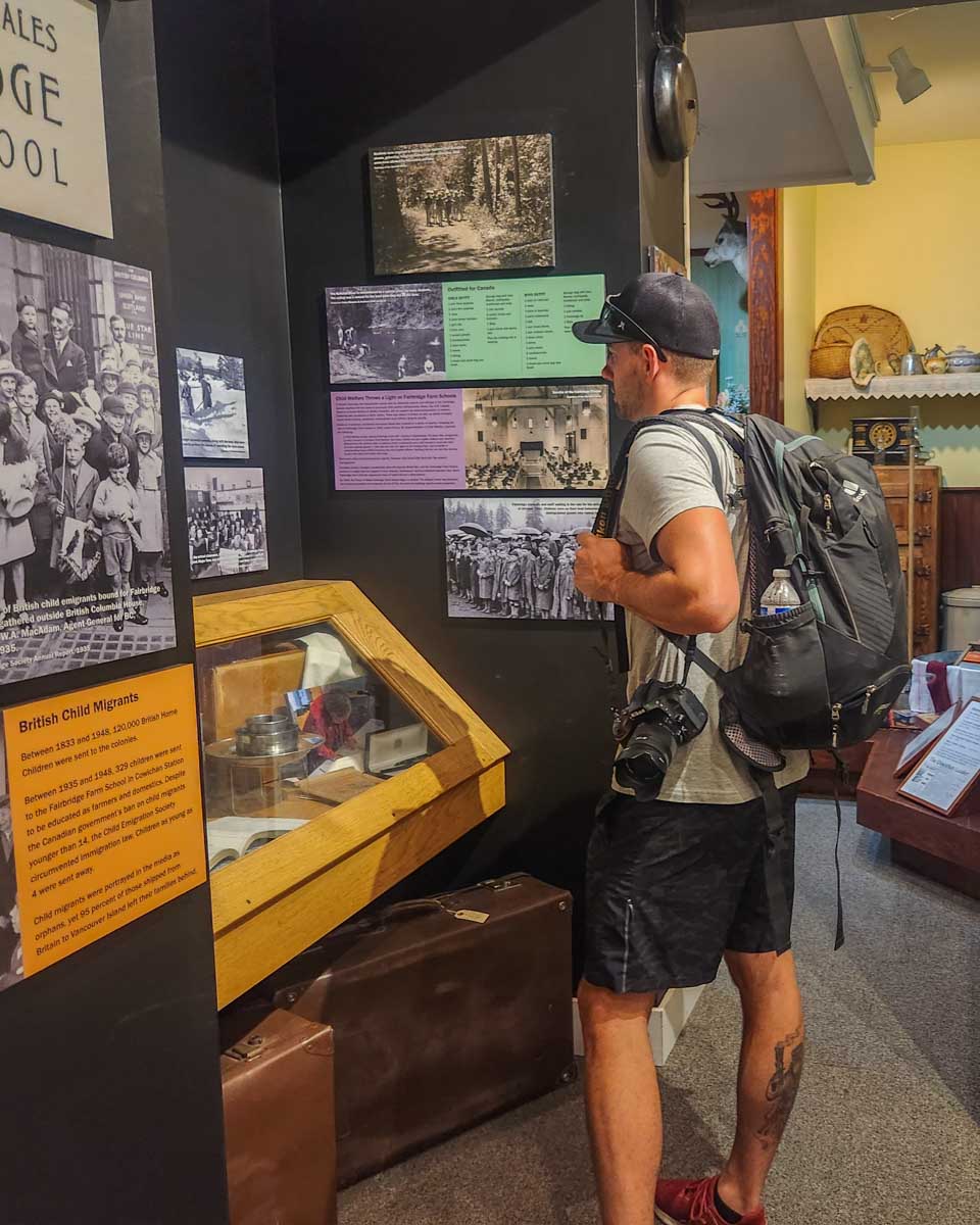 Daniel looks at a display at the Cowichan Valley Museum & Archives in Duncan, BC