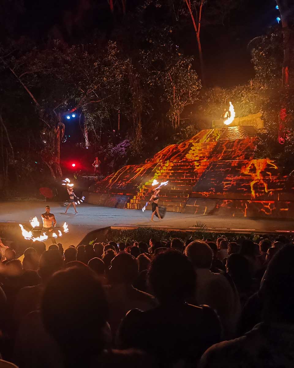 Fire dancers on stage at the Rhythms of the Night show in Puerto Vallarta in Mexico