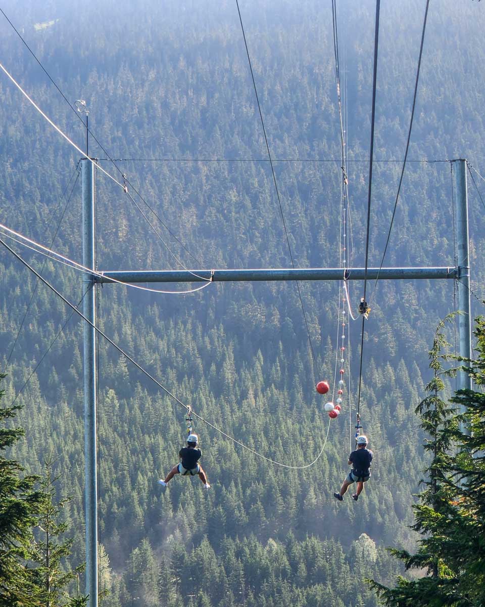 Two people come down the Sasquatch Zipline as seen from the bottom