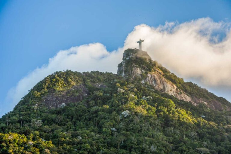 View looking up at the Christ the Redeemer statue in Rio de Janeiro