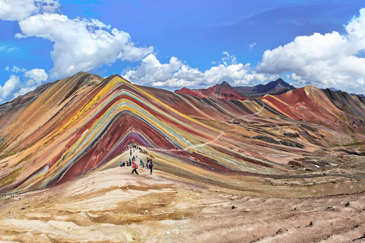 Wide view of Vinicunca or Rainbow Mountain near Cusco, Peru