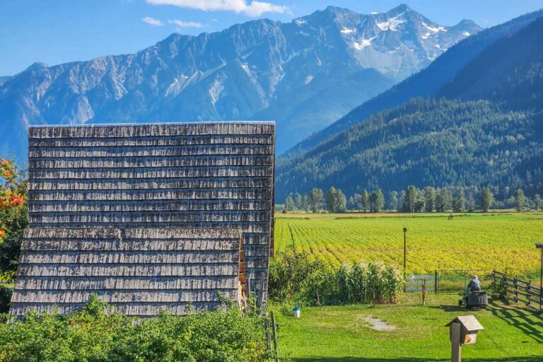 A farmers barn with Mt Currie in the background in Pemberton, BC