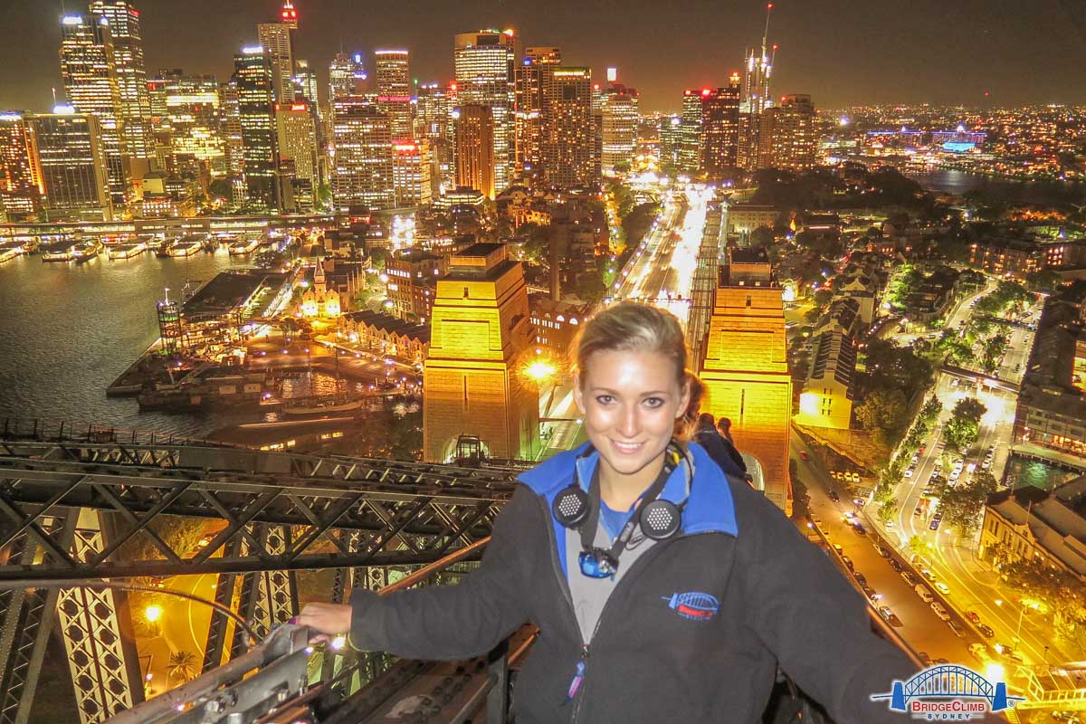 Bailey climbs the Sydney Harbour Bridge at night in Sydney, Australia