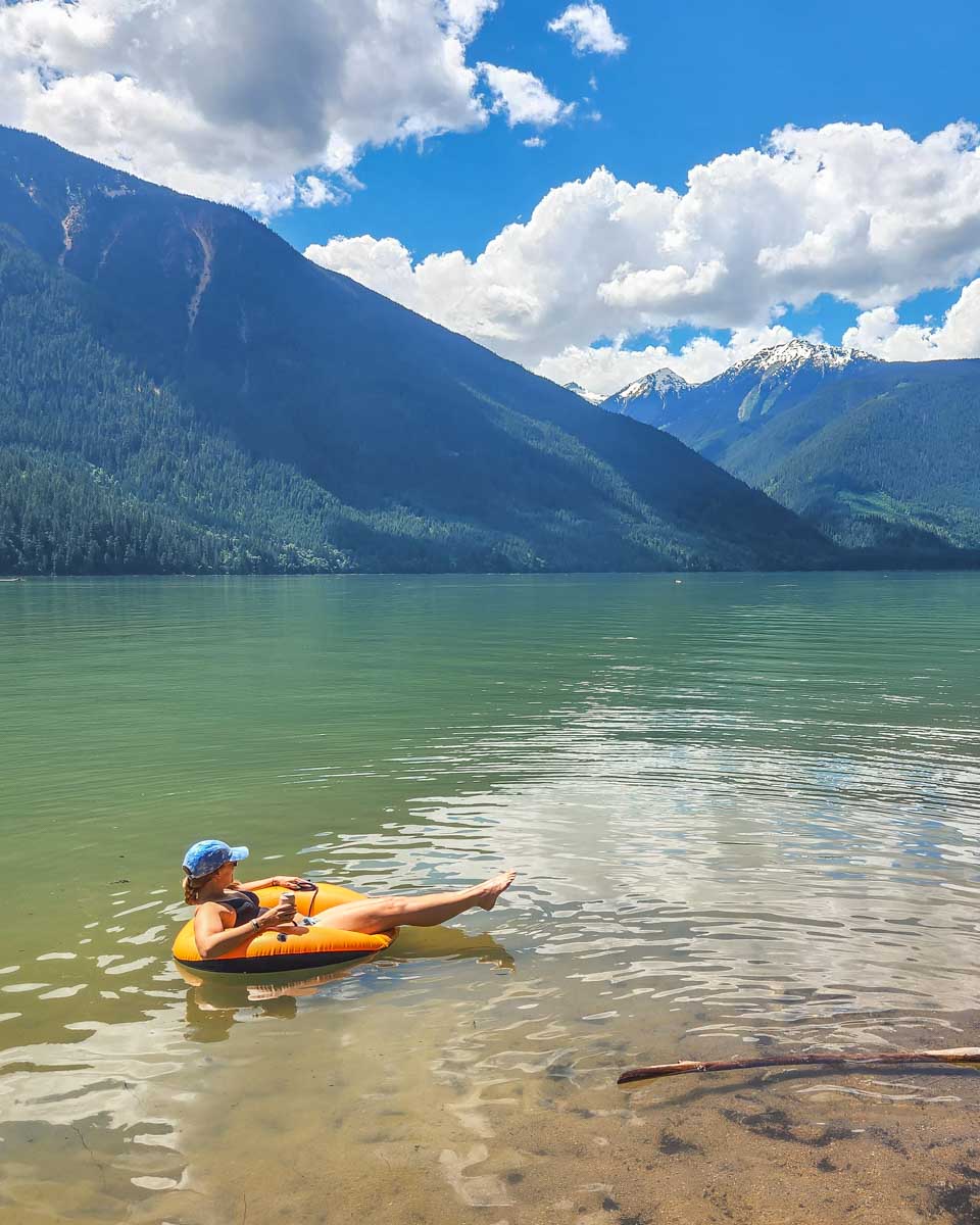 Bailey floats in Lillooet Lake in Pemberton, BC