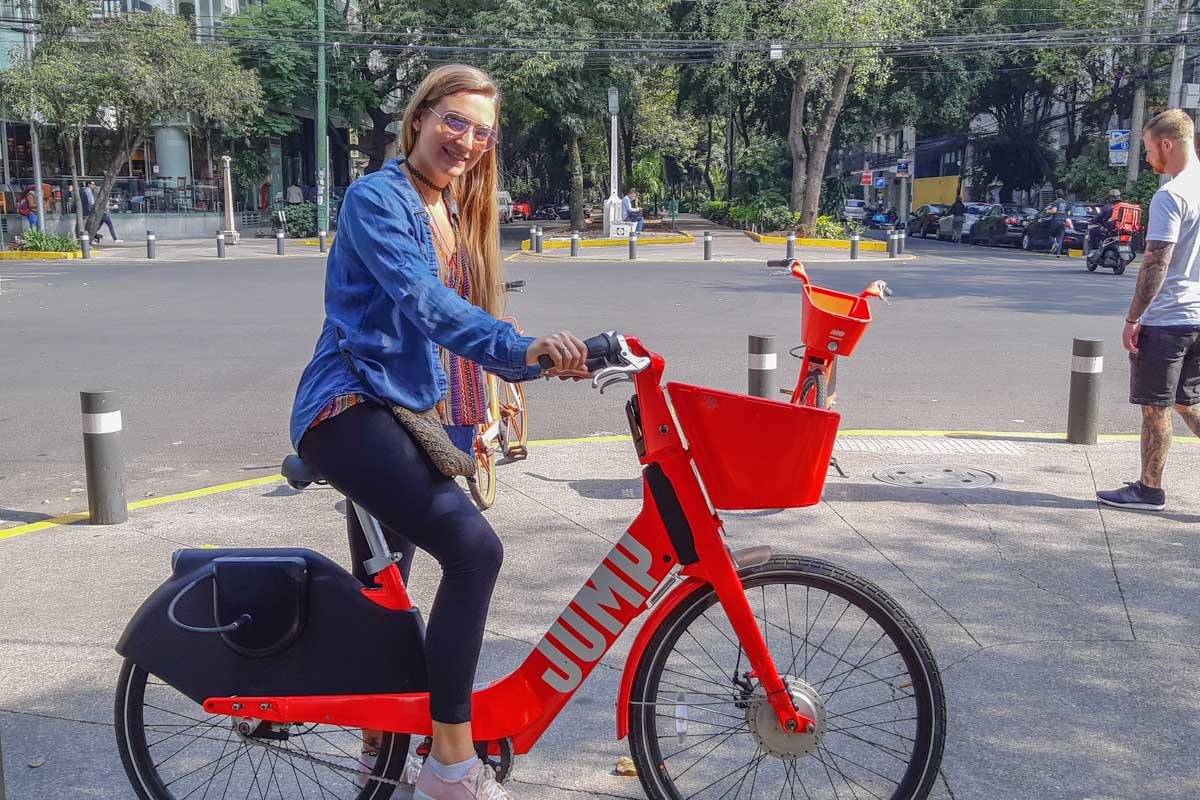 Bailey on a bike share ride in Mexico Cities Roma neighborhood