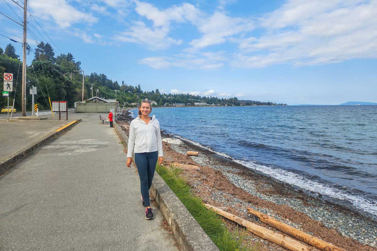 Bailey walks along the coast in Qualicum Beach