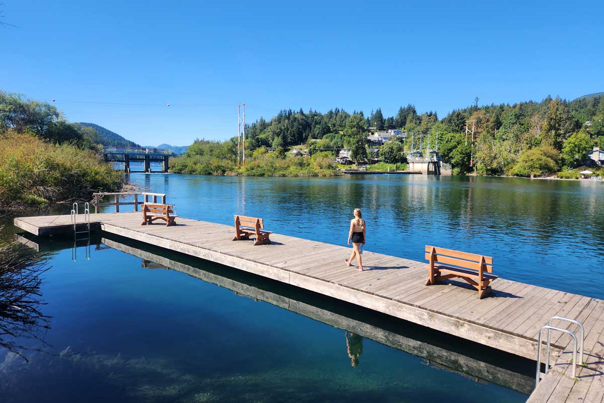 Bailey walks along the dock at Saywell Park, Lake Cowichan