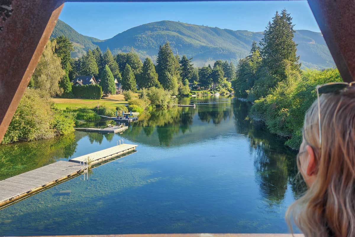 Baileys looks out from The Duck Pond Bridge in Lake Cowichan 