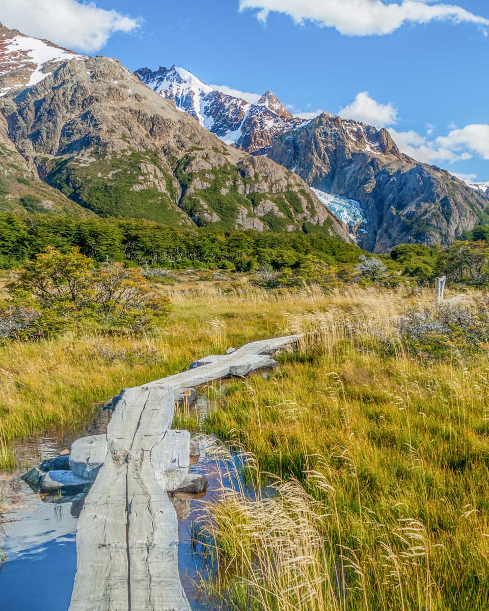Boardwalk through wet lands on the Mount Fitz Roy Laguna de los Tres Trail