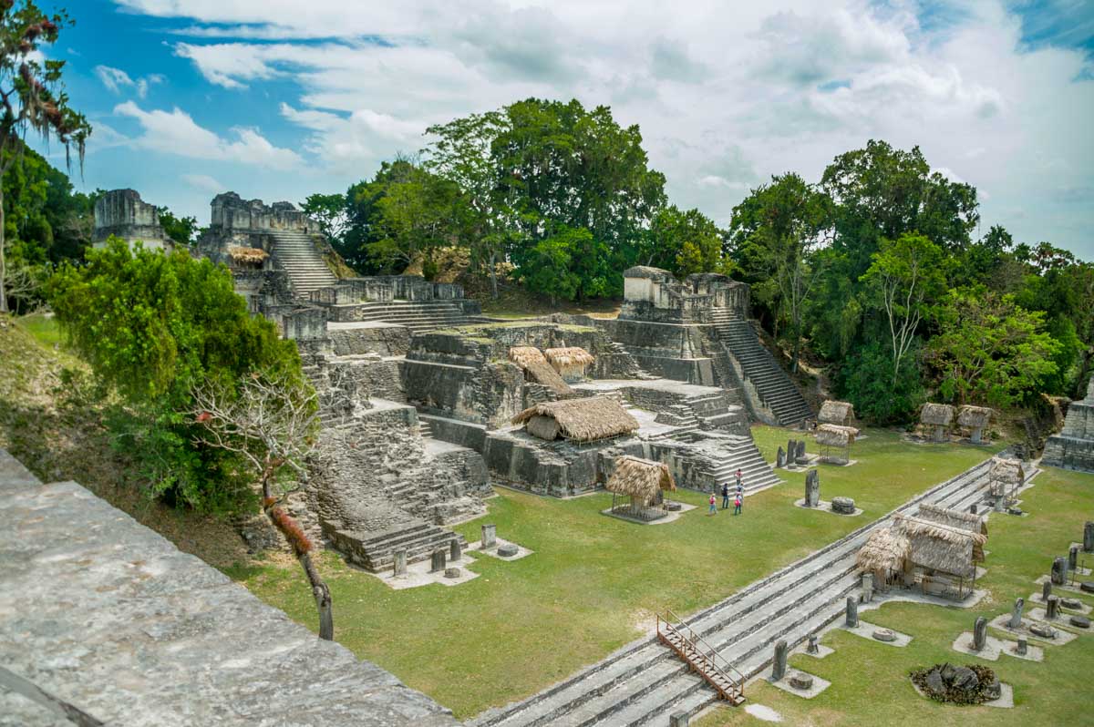Wide shot of the main square or the Tikal ruins in Guatemala