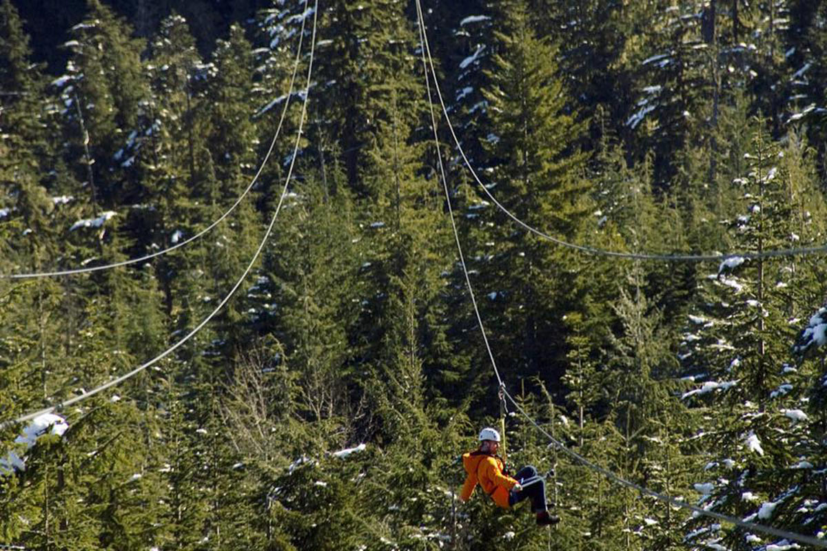 Ziplining over trees from Ziptrek Ecotours Whistler, Canada
