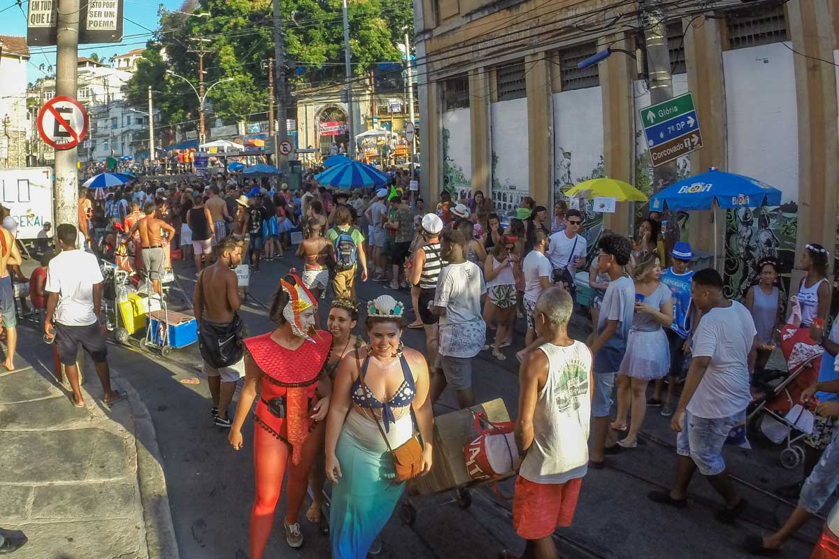 A crowd marches down the street at Carnival, Rio De Janeiro, Brazil