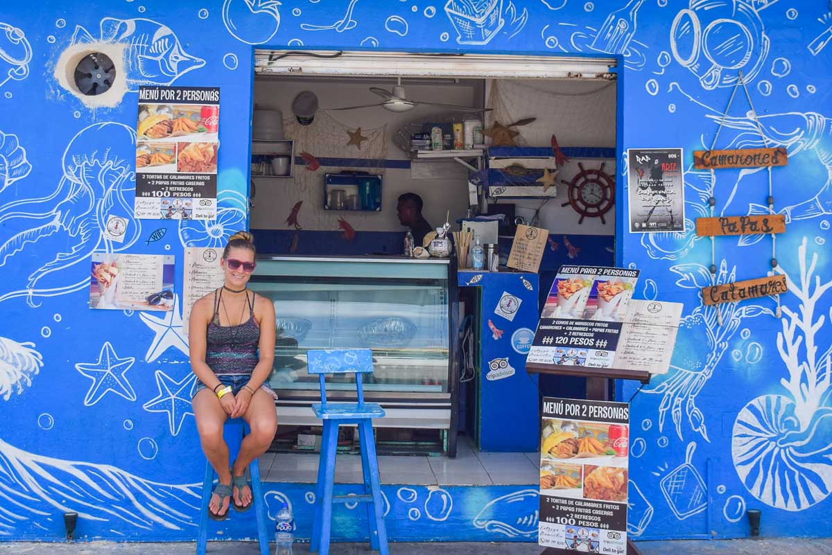 Bailey at a seafood restaurant in Cancun, Mexico