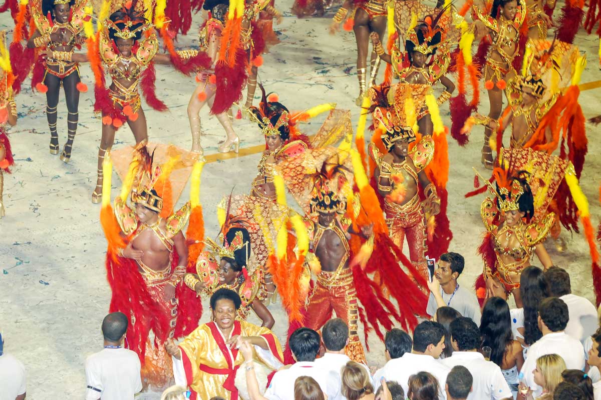 Dancers in red in the sambadrome in rio de janeiro brazil