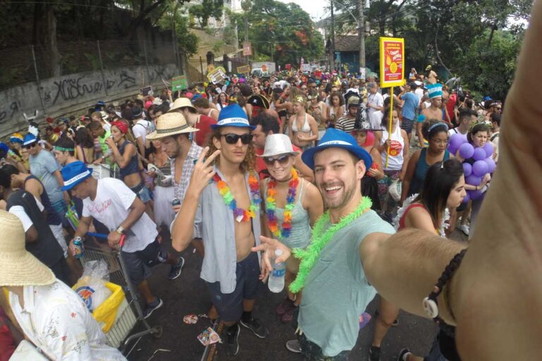 Daniel and Bailey on the streets of Rio de Janeiro during a bloco party at Carnival