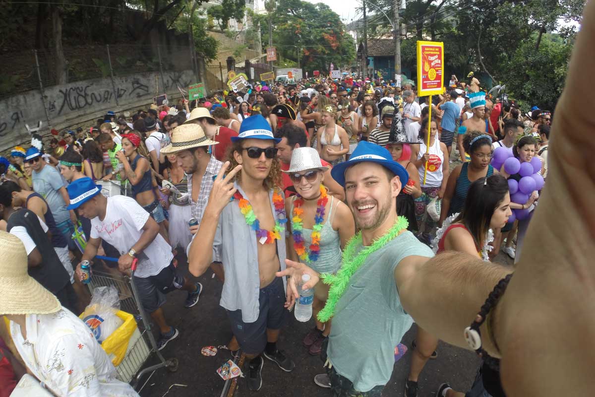 Daniel and Bailey on the streets of Rio de Janeiro during a bloco party at Carnival