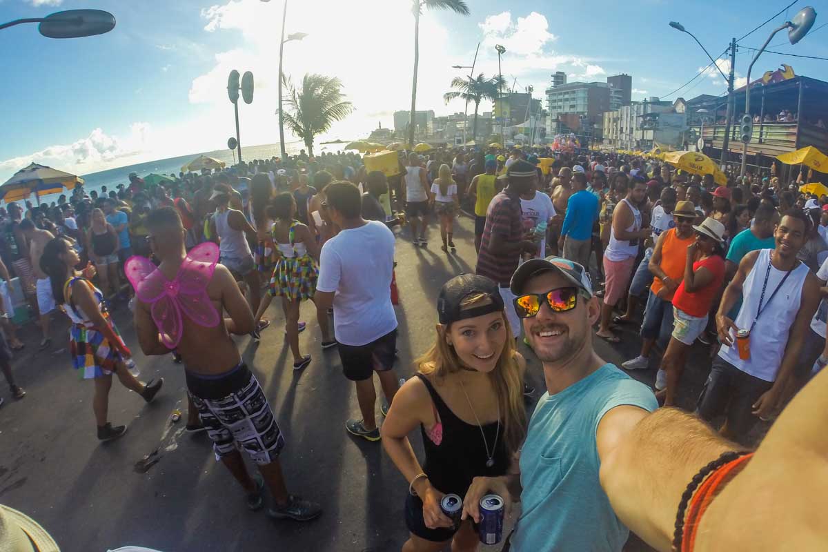Daniel and Bailey on the streets of Salvador, Brazil during a Carnival parade
