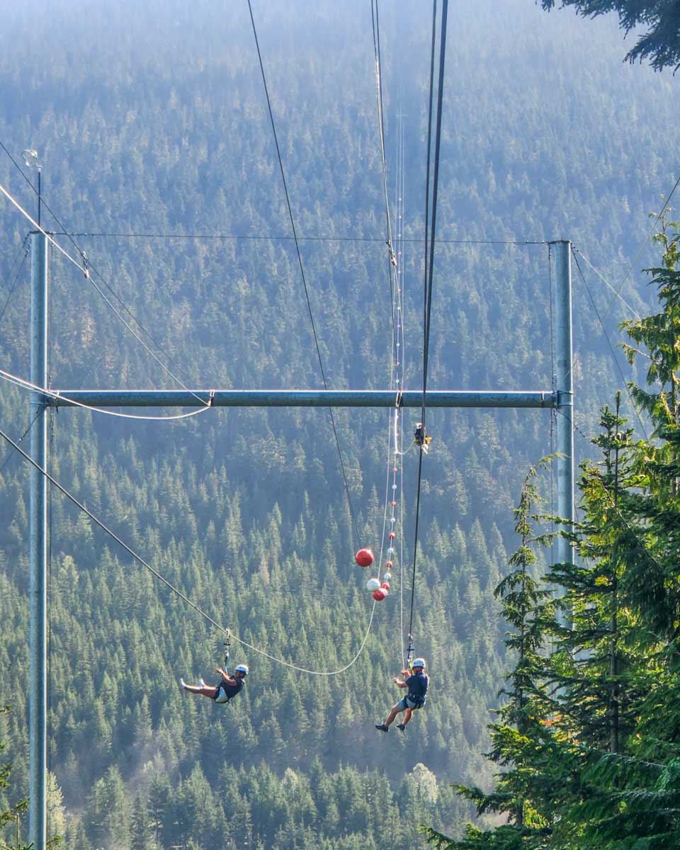 Two people come down The Sasquatch Zipline in Whistler, Canada