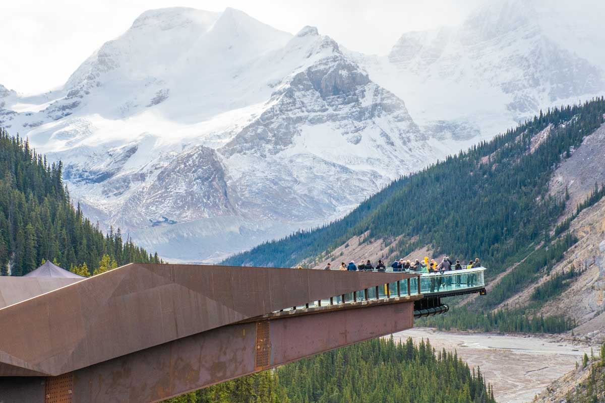A closeup of the Columbia Icefield Skywalk in Banff National Park