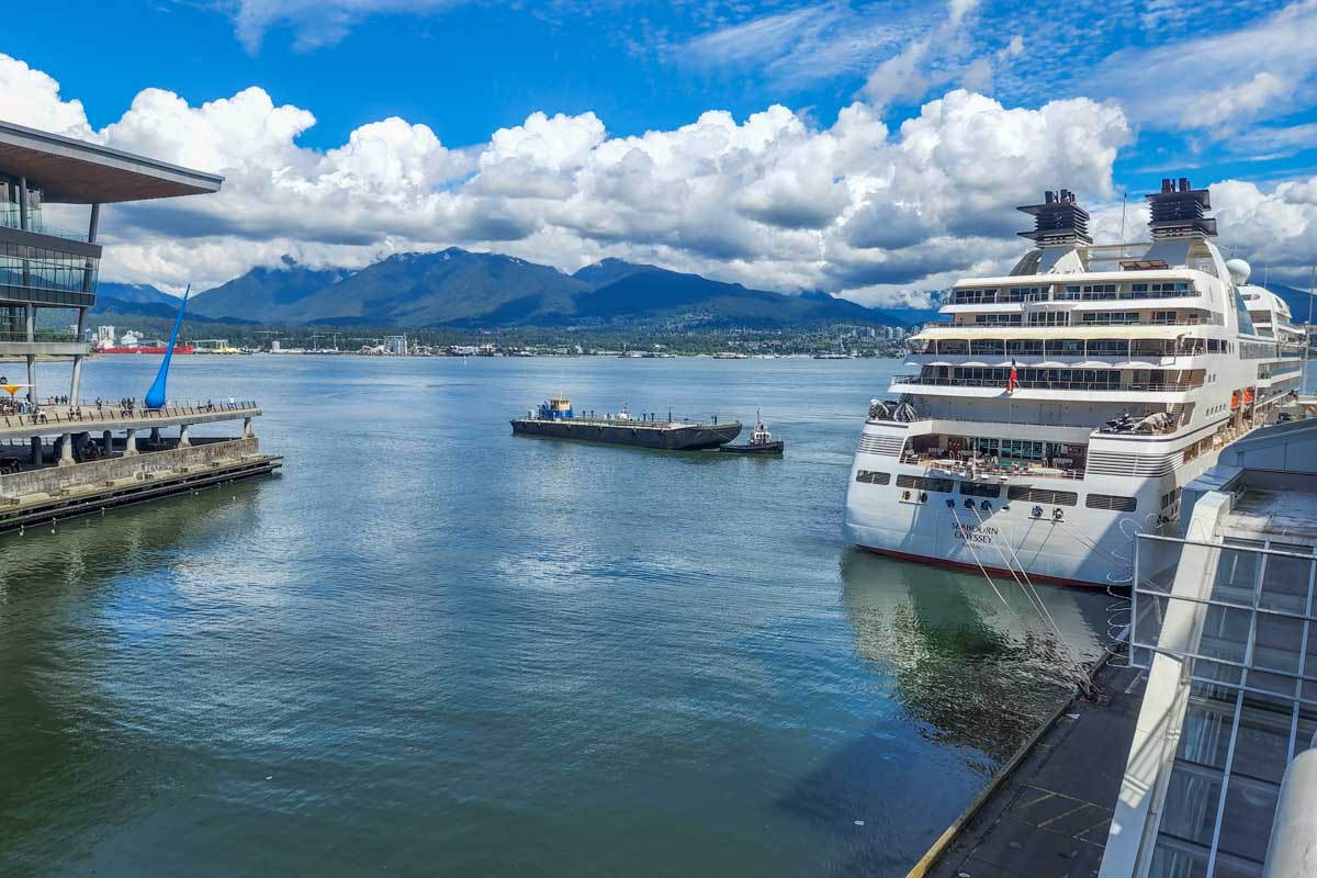 A cruise ship sits in Coal Harbor on a summers day in Vancouver