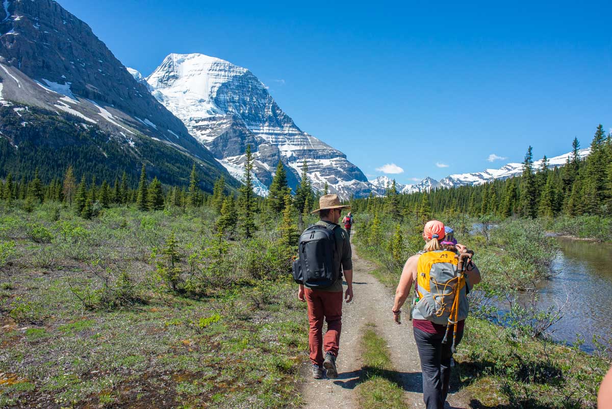 A group of hikers walk along a path in Mount Robson Provincial Park as part of the Berg Lake Trail
