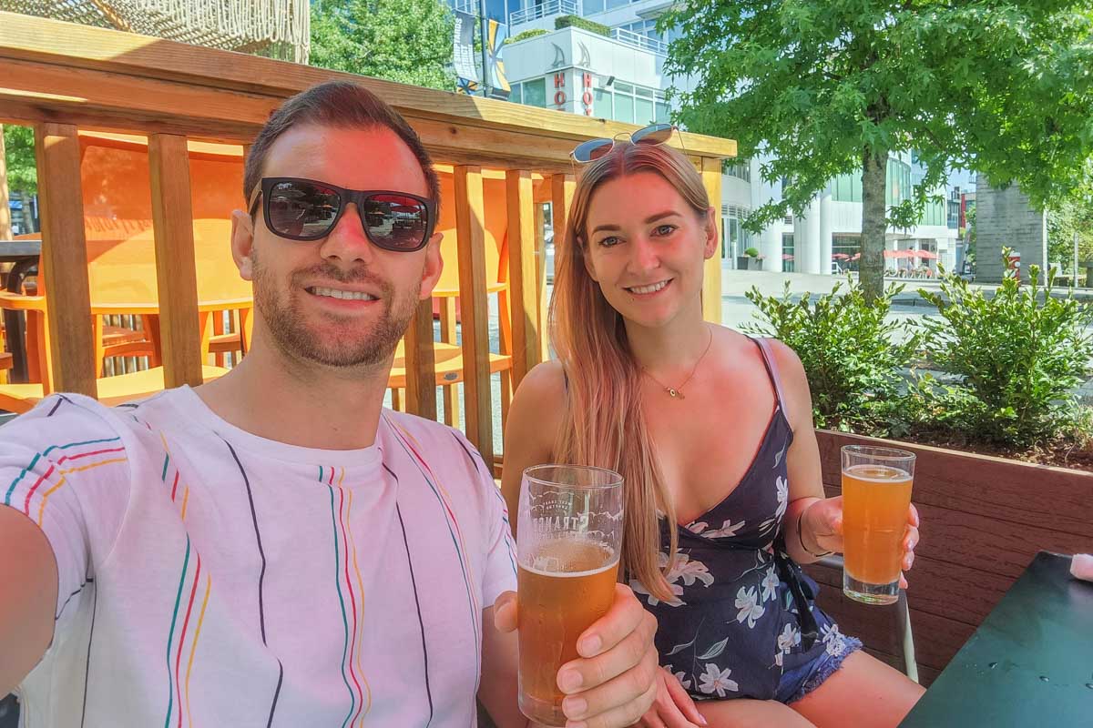 Bailey and Daniel enjoy a beer at Burgoo Bistro Lonsdale 