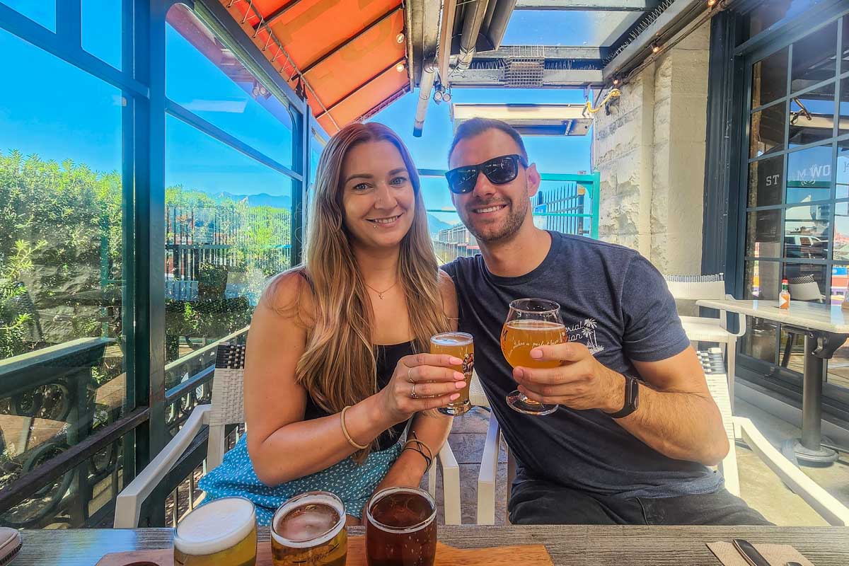 Bailey and Daniel enjoy a drink at Steamworks Brewery in Gastown, Vancouver