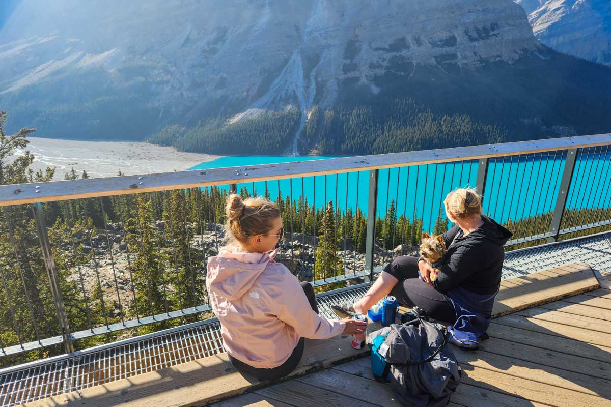Bailey and her mum enjoy a drink at Peyto Lake Viewpoint in Banff National Park, Canada