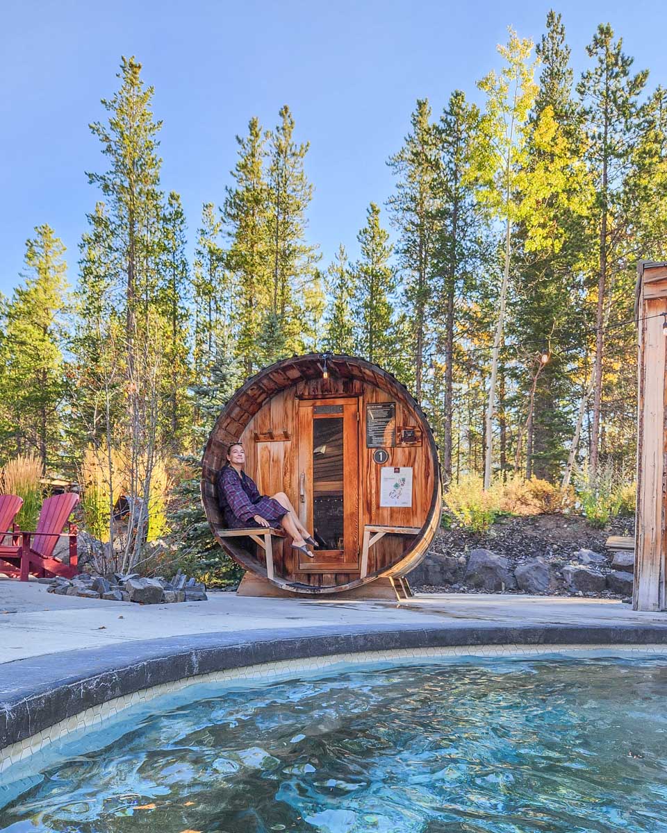 Bailey at a sauna at the Kananaskis Nordic Spa 
