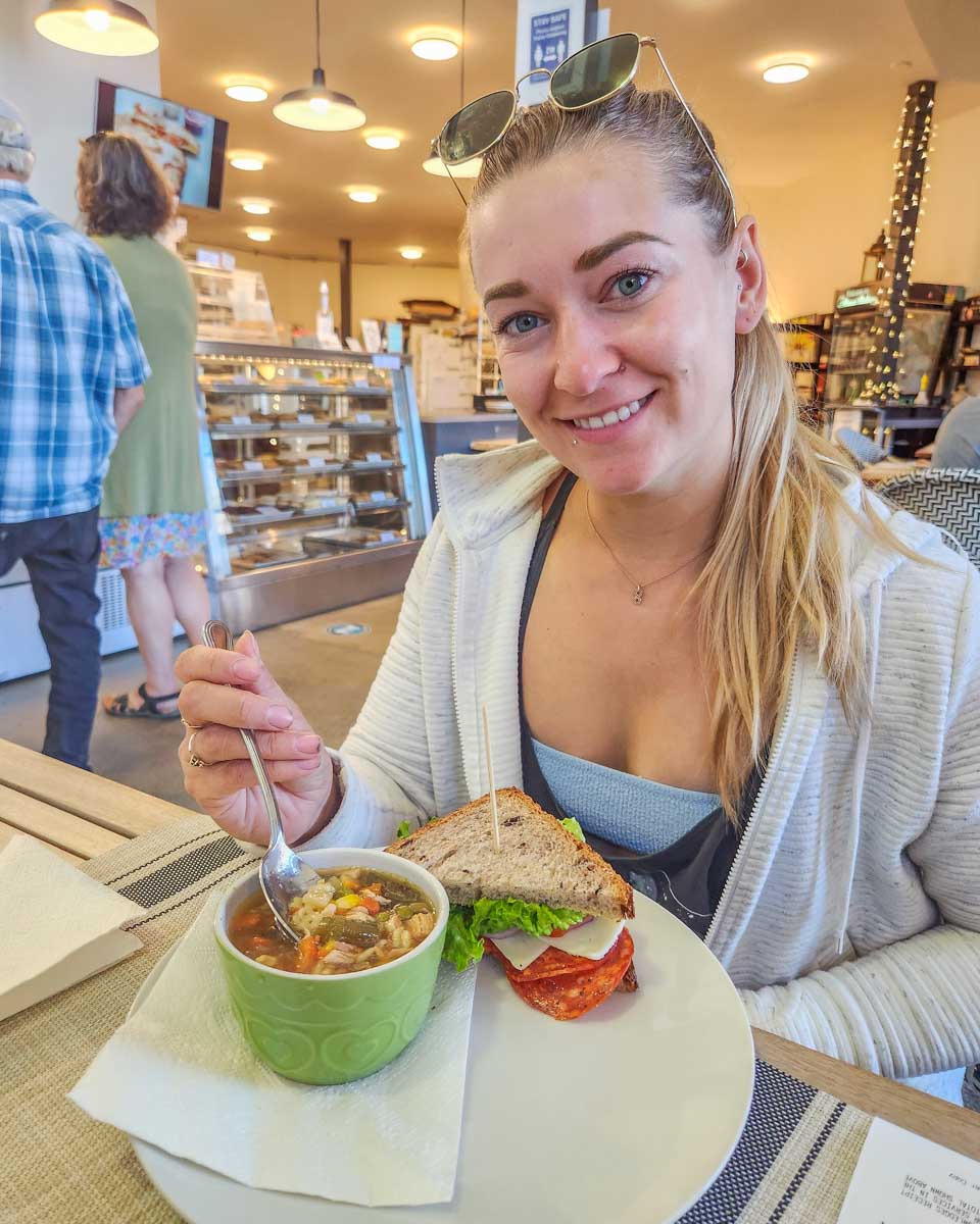 Bailey enjoys a meal at Dave’s Bakery in Campbell River, BC