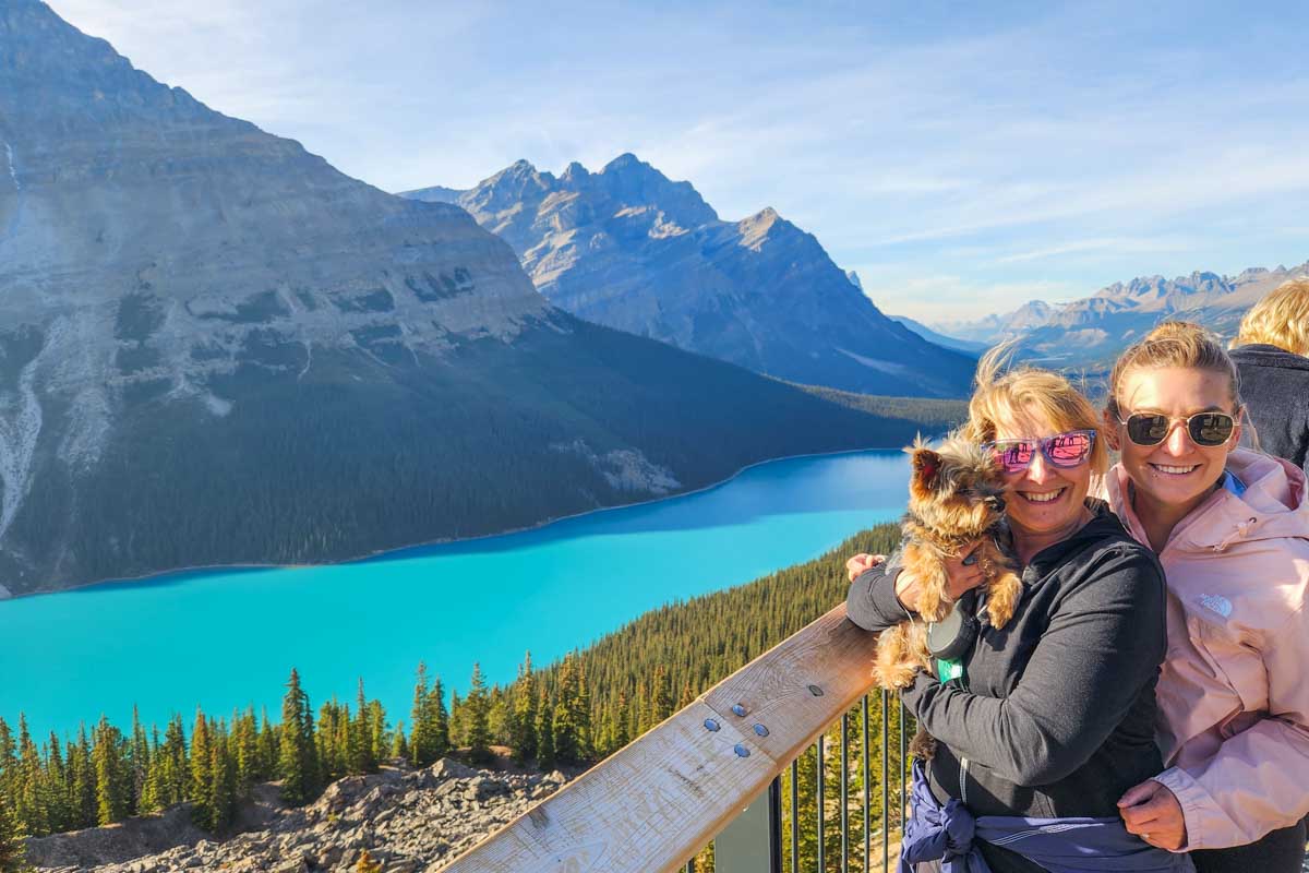Bailey, her mum and dog at Peyto Lake Viewpoint in Banff National Park, Canada