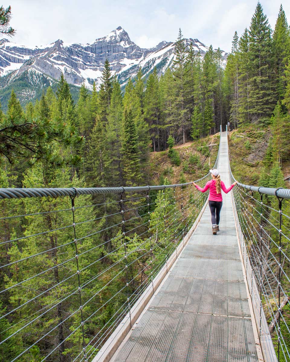 Bailey on the Blackshale Suspension Bridge with Mountain views in the Kananaskis