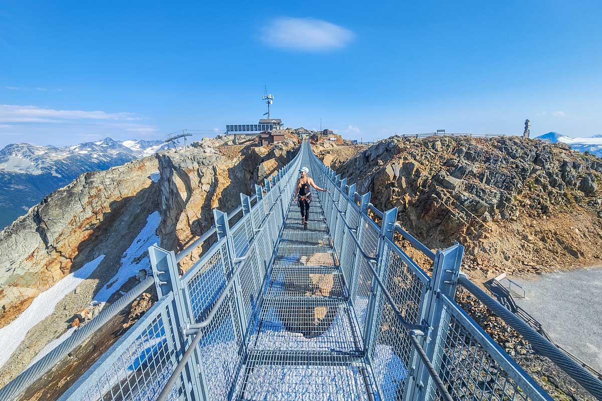 Bailey on the Sky Bridge at the top of the Peak to Peak Gondola in Whistler after a Via Ferrata Tour