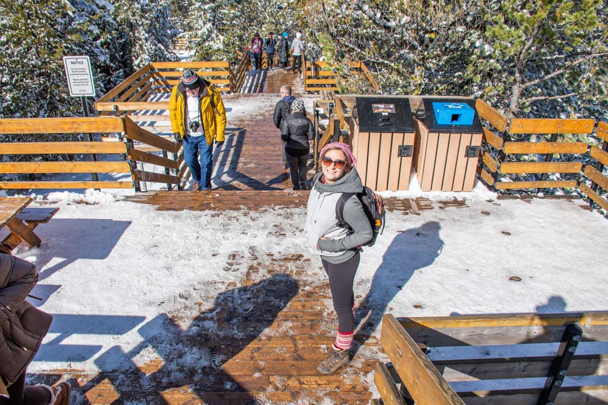 Bailey on the baordwalk at the top of the Banff Gondola