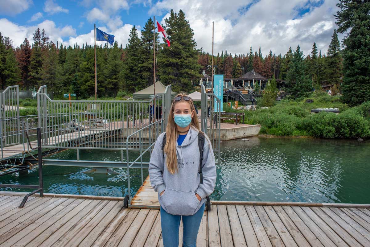 Bailey waiting at the dock for the boat to Spirit Island on Maligne Lake, Jasper