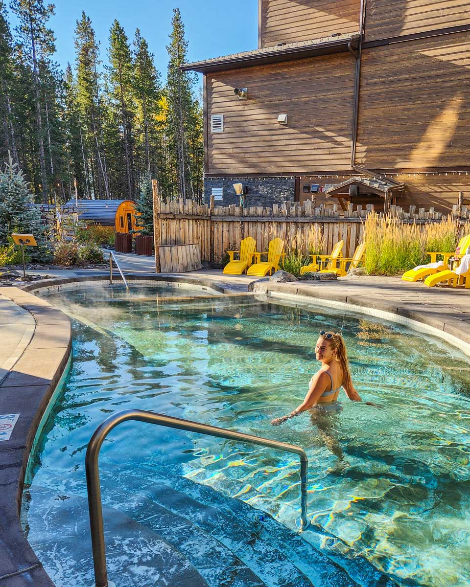 Bailey walks into a pool at the Kananaskis Nordic Spa in Alberta, Canada