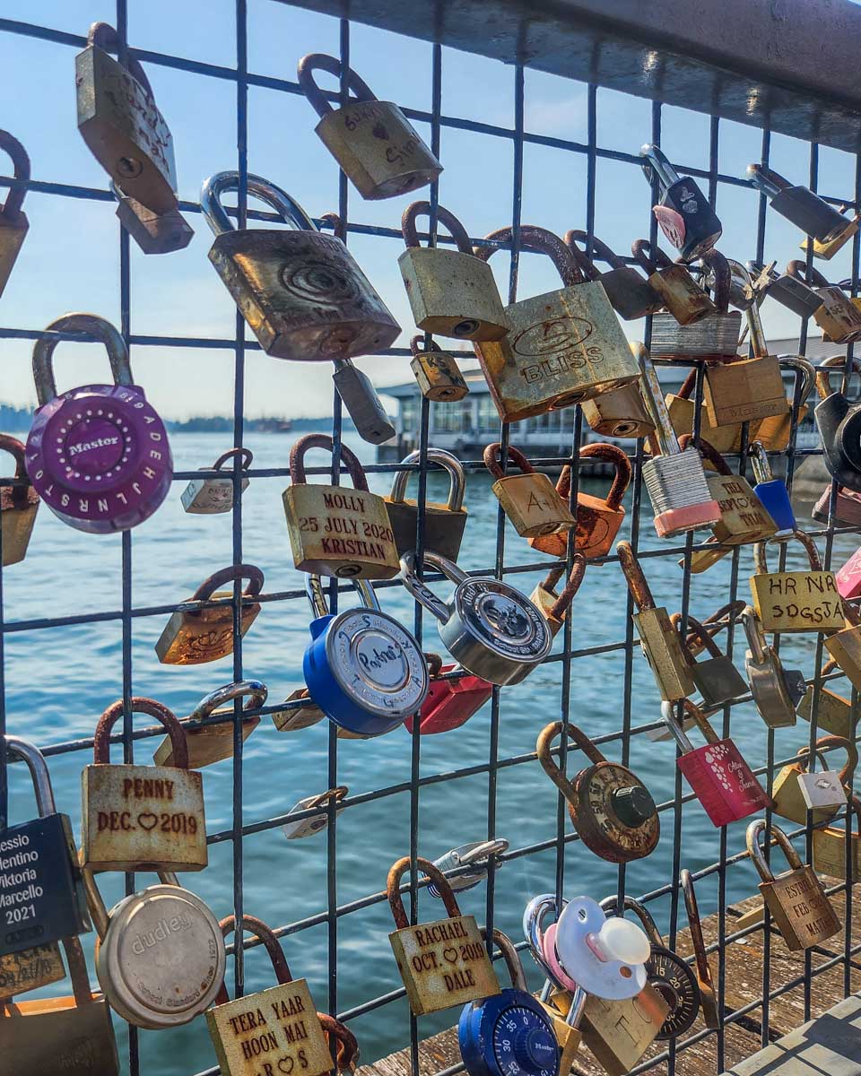 Close up of the locks at Love Lock Fence in Lonsdale Quay
