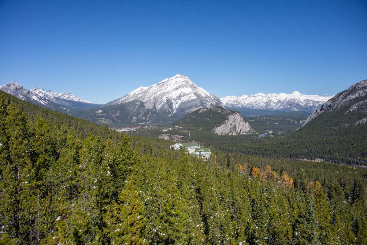 Scenic view out the window of the Banff Gondola