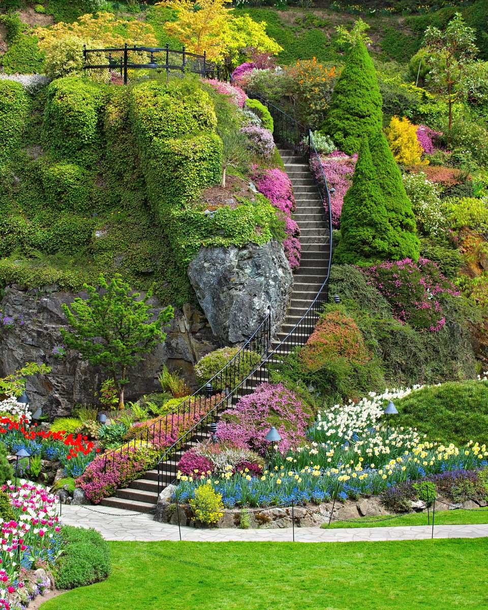Stairs leading up to a viewpoint at The Butchart Gardens in Victoria BC