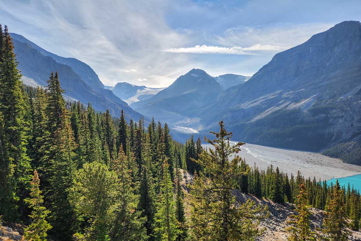 View of Peyto Glacier that runs in Peyto Lake Viewpoint in Banff National Park, Canada